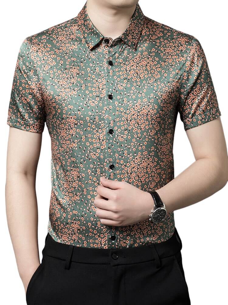 Cherry Blossom Printed Short Sleeve Button up Silk Dress Shirt