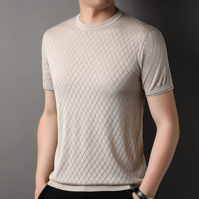 Summer-Ready Men's 100% Silk Knitted Jacquard Silk T-Shirt