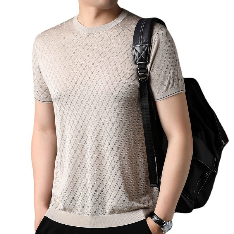 Summer-Ready Men's 100% Silk Knitted Jacquard Silk T-Shirt