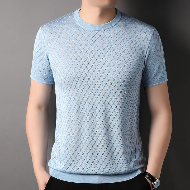 Summer-Ready Men's 100% Silk Knitted Jacquard Silk T-Shirt