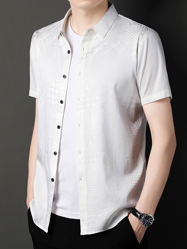 Men's Classic Button-Up Short Sleeve Jacquard Silk Dress Shirt