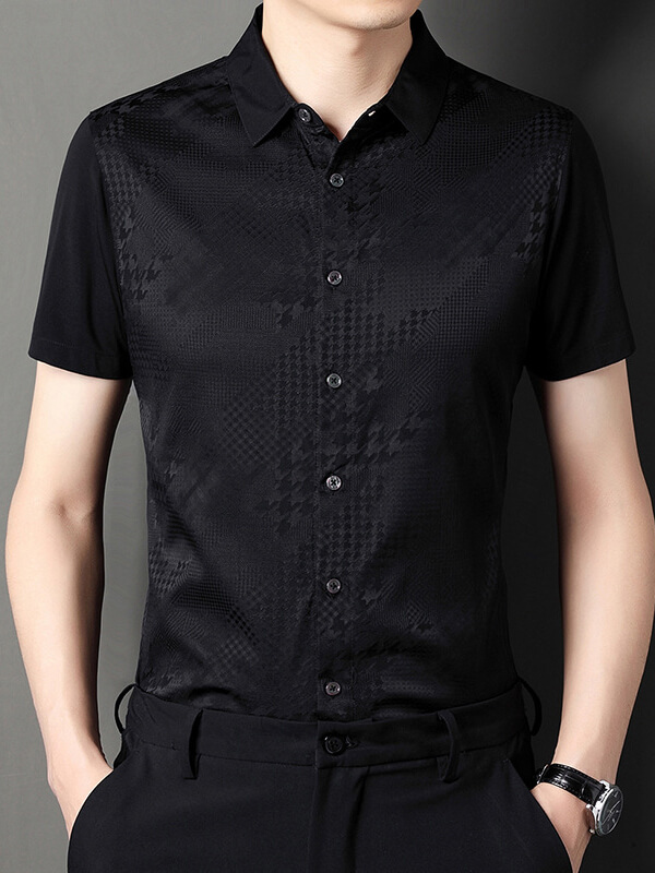 Men's Classic Button-Up Short Sleeve Jacquard Silk Dress Shirt