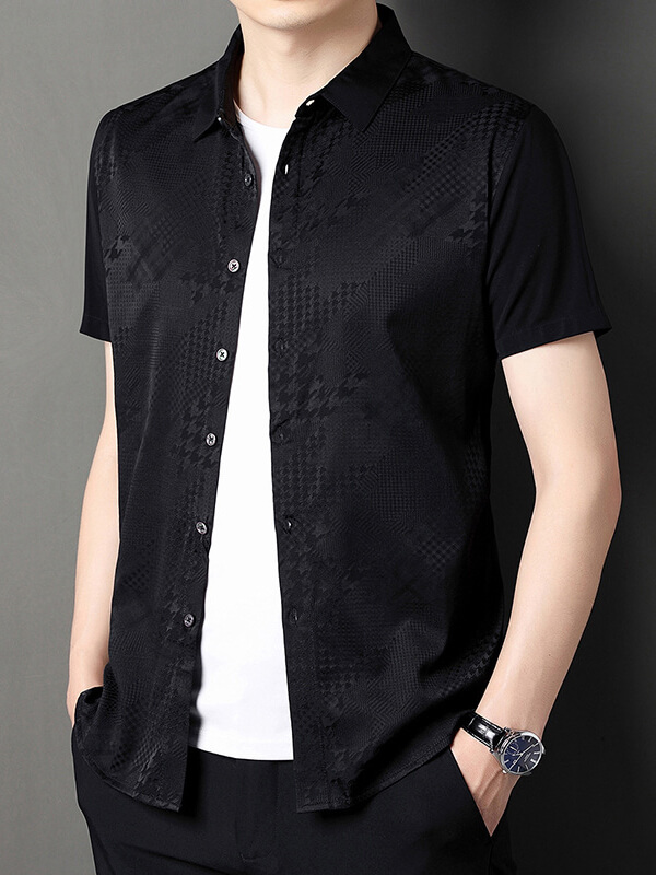 Men's Classic Button-Up Short Sleeve Jacquard Silk Dress Shirt