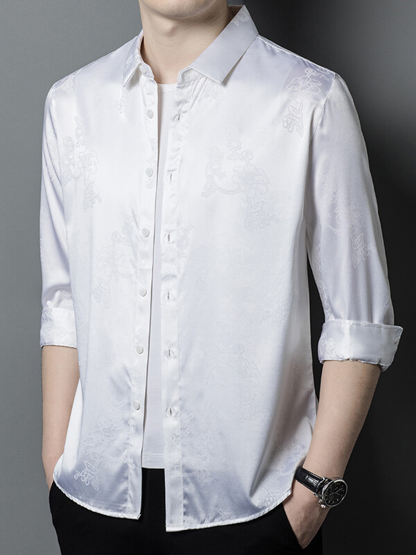 Men's Jacquard Floral Long Sleeve Silk Dress Shirt