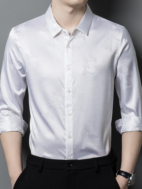 Men's Jacquard Floral Long Sleeve Silk Dress Shirt