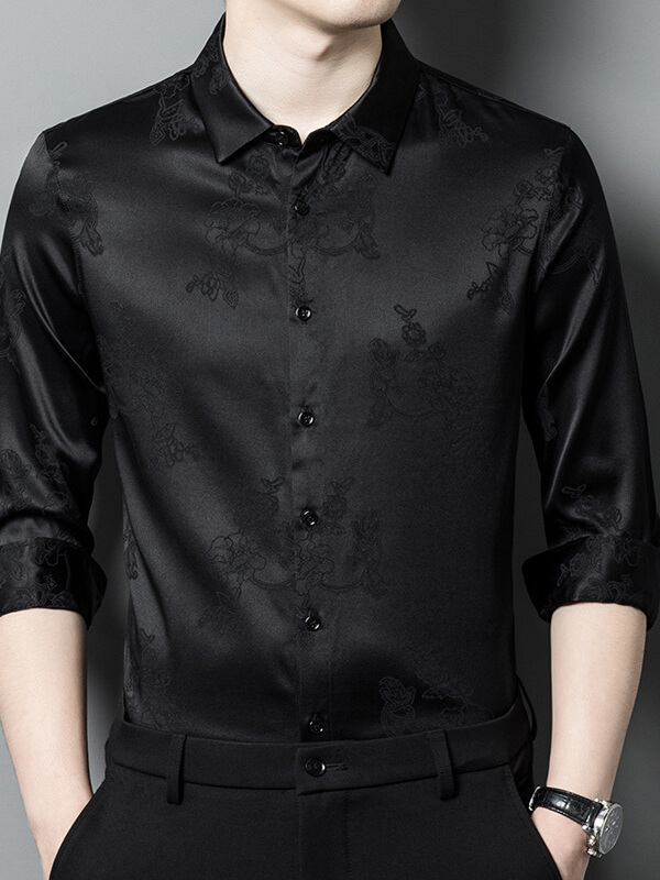 Men's Jacquard Floral Long Sleeve Silk Dress Shirt