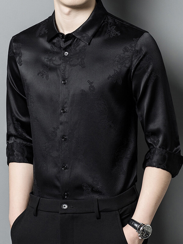 Men's Jacquard Floral Long Sleeve Silk Dress Shirt