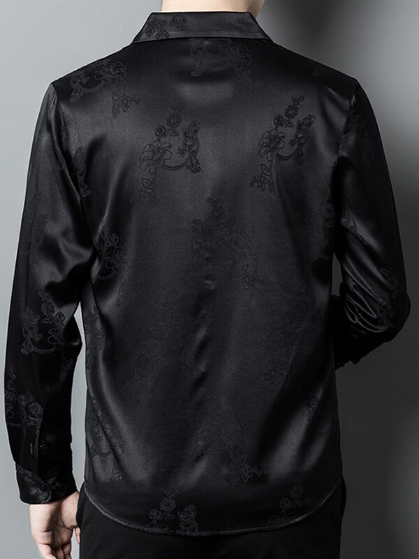 Men's Jacquard Floral Long Sleeve Silk Dress Shirt