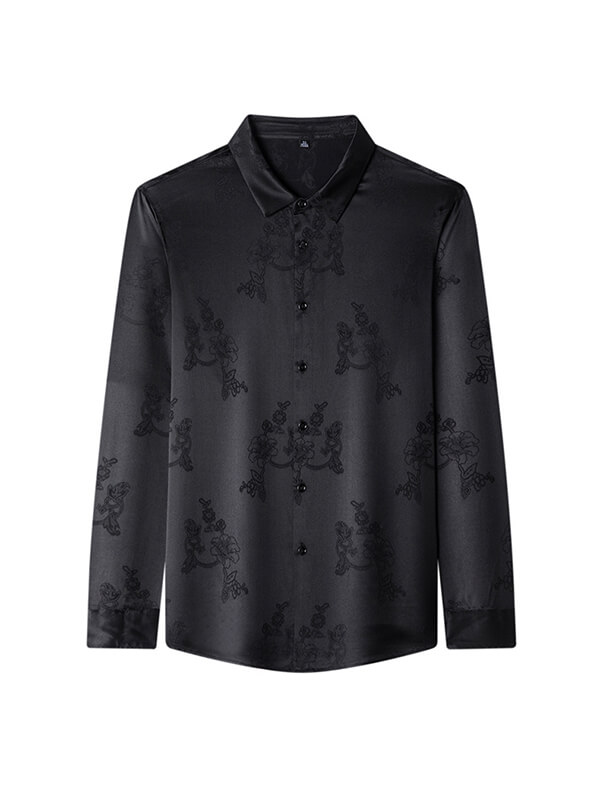 Men's Jacquard Floral Long Sleeve Silk Dress Shirt