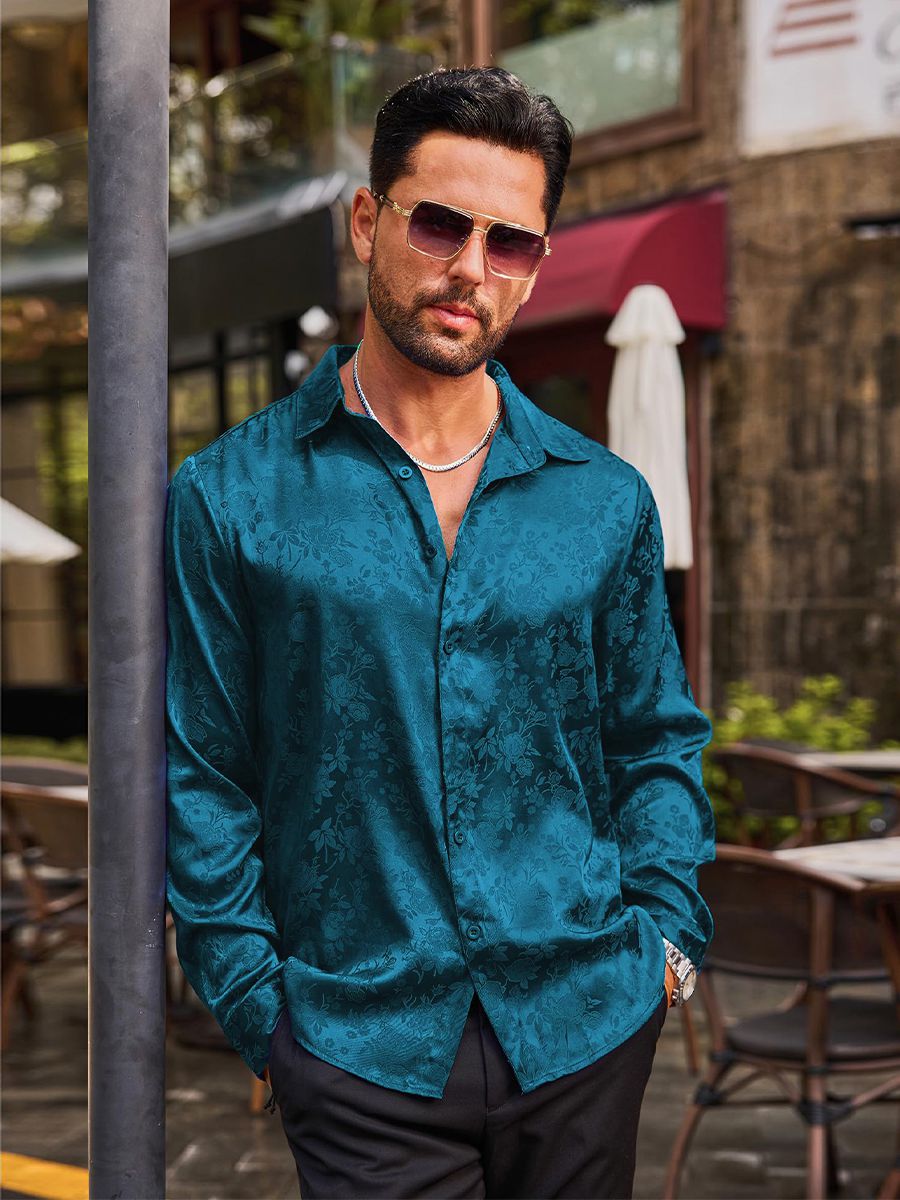Men’s Long Sleeve Button-Down Floral Jacquard Silk Dress Shirt