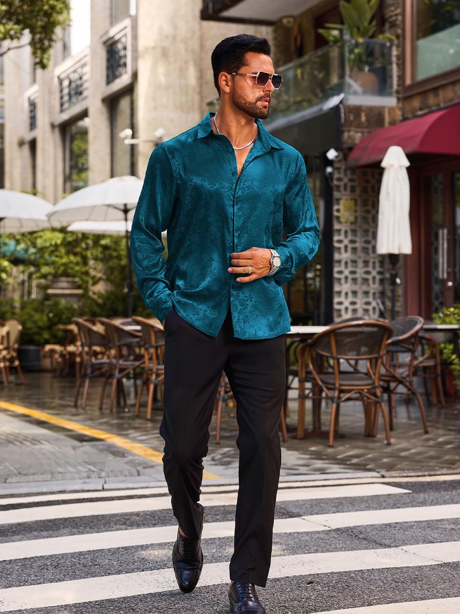 Men’s Long Sleeve Button-Down Floral Jacquard Silk Dress Shirt