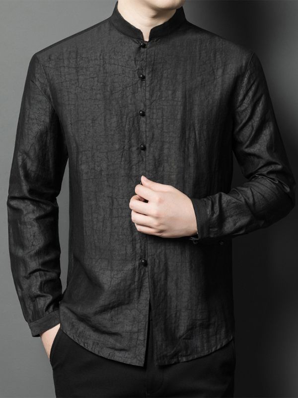 Men's Black Long Sleeve Mandarin Collar Silk Button-Up Shirt