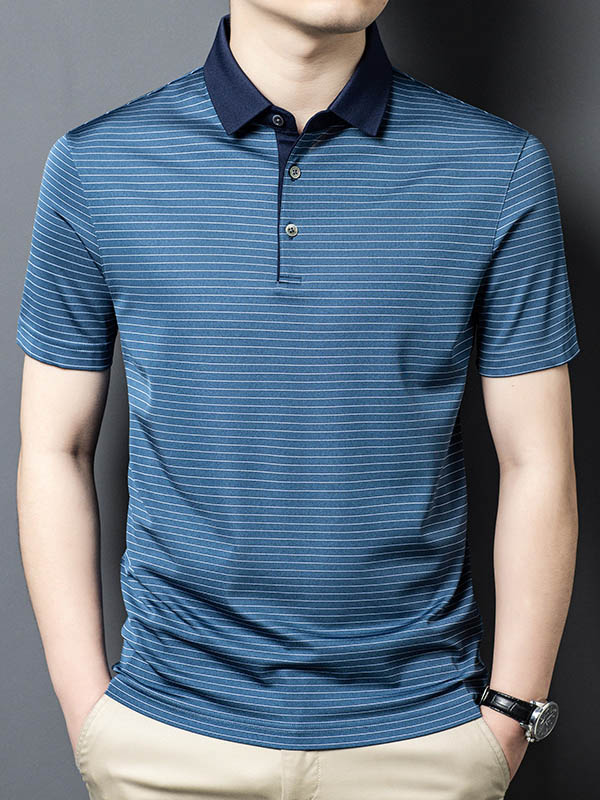 Men's Blue Striped Mulberry Silk Polo Shirt Contrast Navy Collar