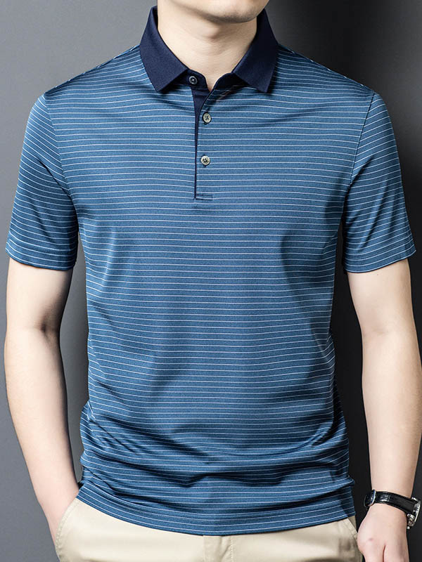 Men's Blue Striped Mulberry Silk Polo Shirt Contrast Navy Collar