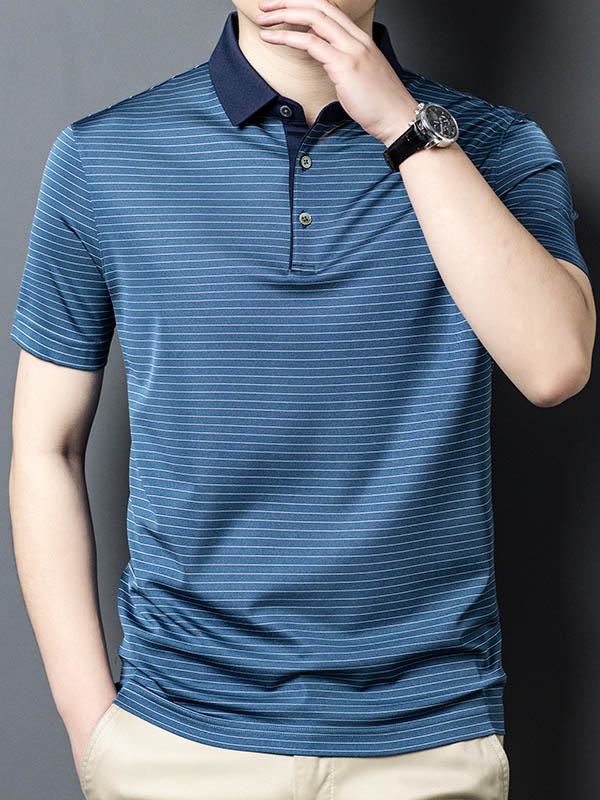 Men's Blue Striped Mulberry Silk Polo Shirt Contrast Navy Collar