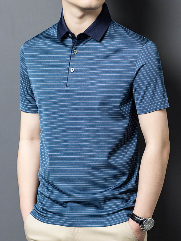 Men's Blue Striped Mulberry Silk Polo Shirt Contrast Navy Collar