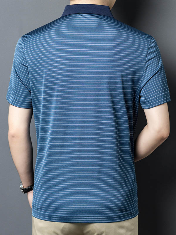 Men's Blue Striped Mulberry Silk Polo Shirt Contrast Navy Collar