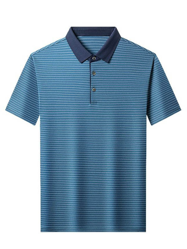 Men's Blue Striped Mulberry Silk Polo Shirt Contrast Navy Collar
