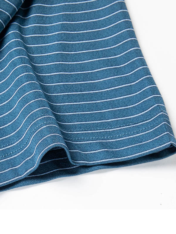 Men's Blue Striped Mulberry Silk Polo Shirt Contrast Navy Collar