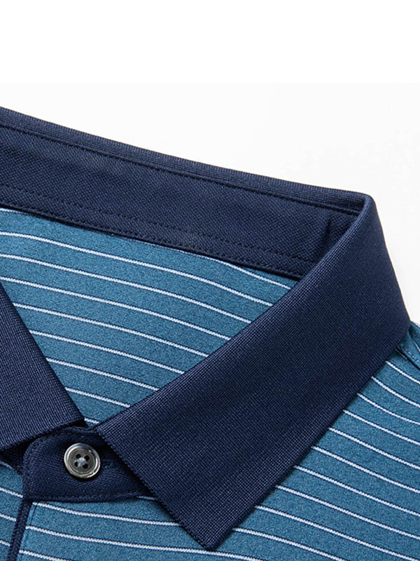 Men's Blue Striped Mulberry Silk Polo Shirt Contrast Navy Collar