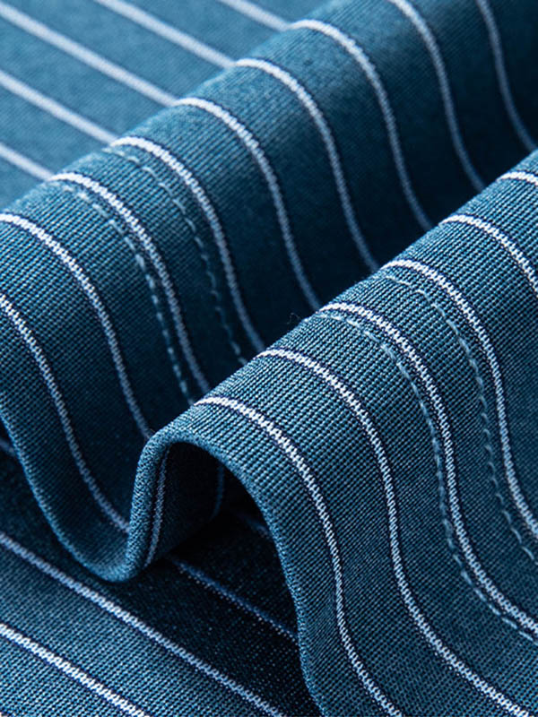 Men's Blue Striped Mulberry Silk Polo Shirt Contrast Navy Collar