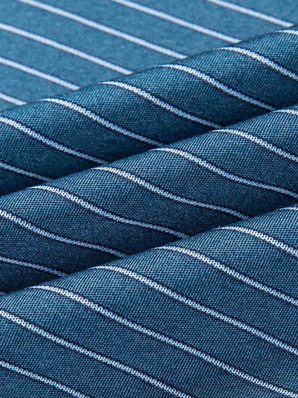 Men's Blue Striped Mulberry Silk Polo Shirt Contrast Navy Collar