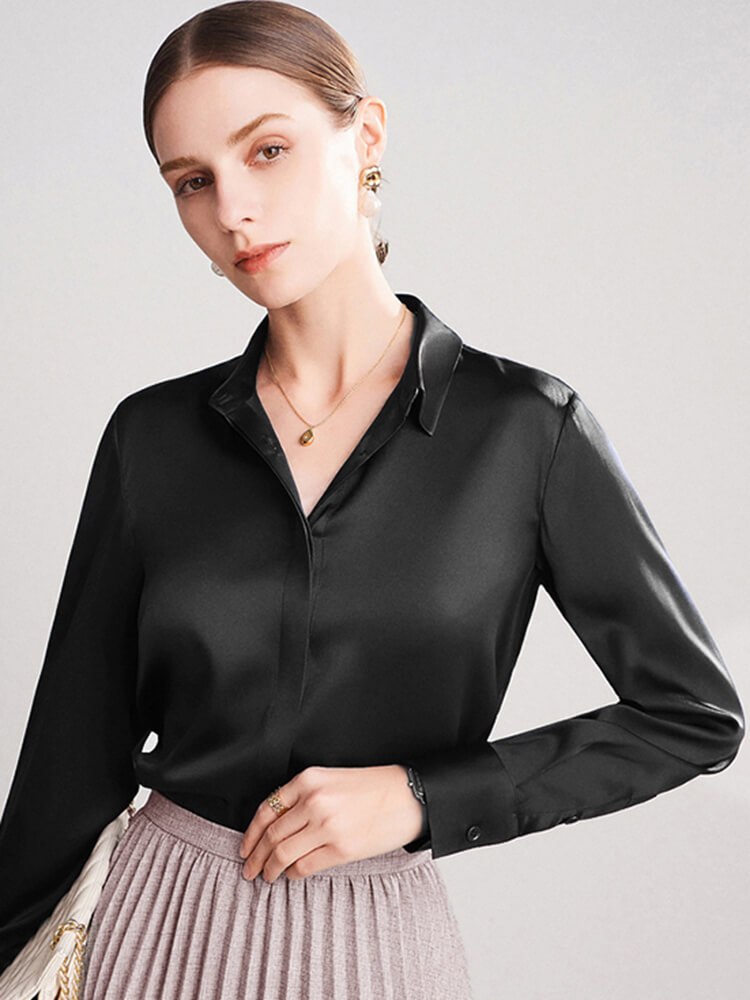 22 Momme Womens Long Sleeve Silk Blouse With Concealed Placket