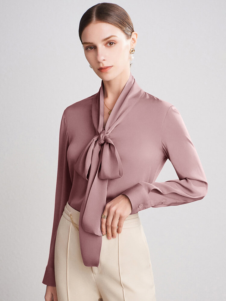 22 Momme Feminine Tie Neck Women Long Sleeve Silk Blouse