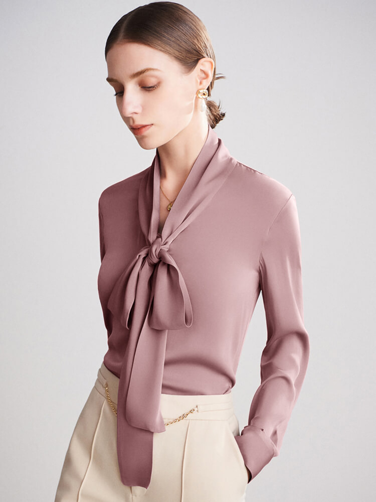 22 Momme Feminine Tie Neck Women Long Sleeve Silk Blouse