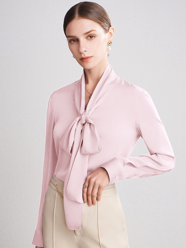 22 Momme Feminine Tie Neck Women Long Sleeve Silk Blouse