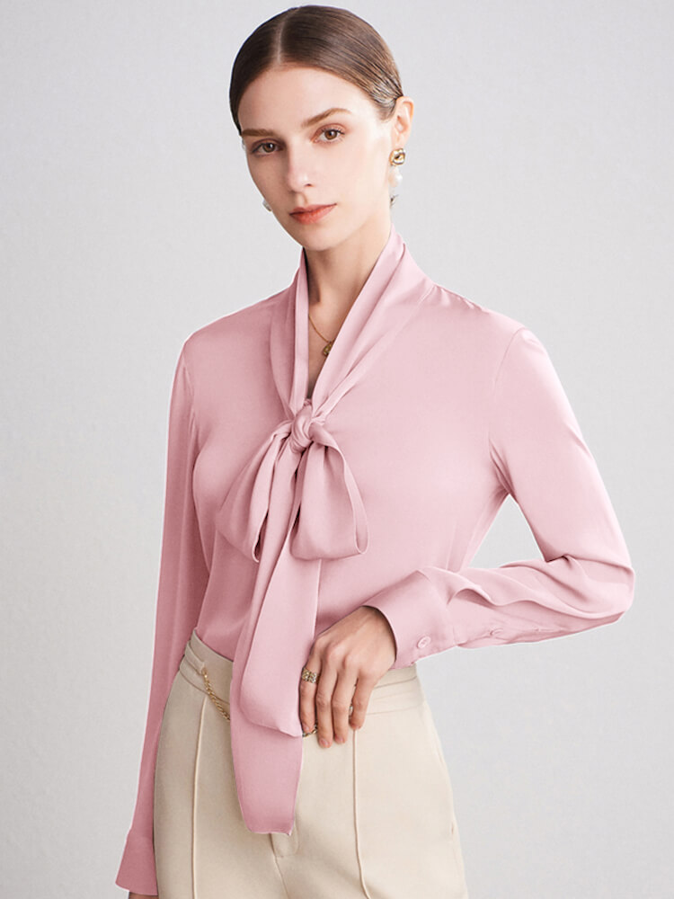 22 Momme Feminine Tie Neck Women Long Sleeve Silk Blouse