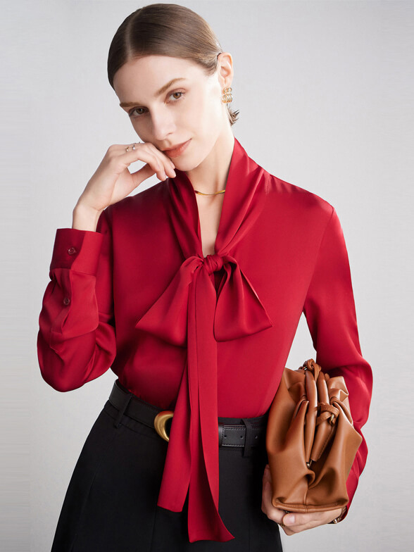 22 Momme Feminine Tie Neck Women Long Sleeve Silk Blouse