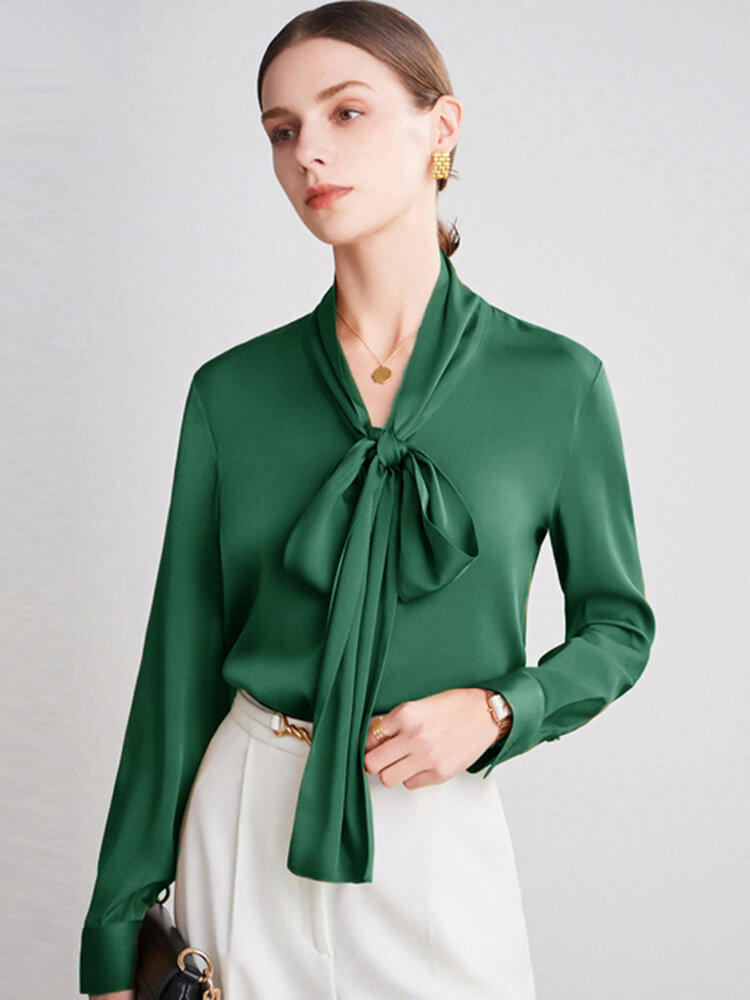 22 Momme Tie Neck Long Sleeve Silk Blouse for Women