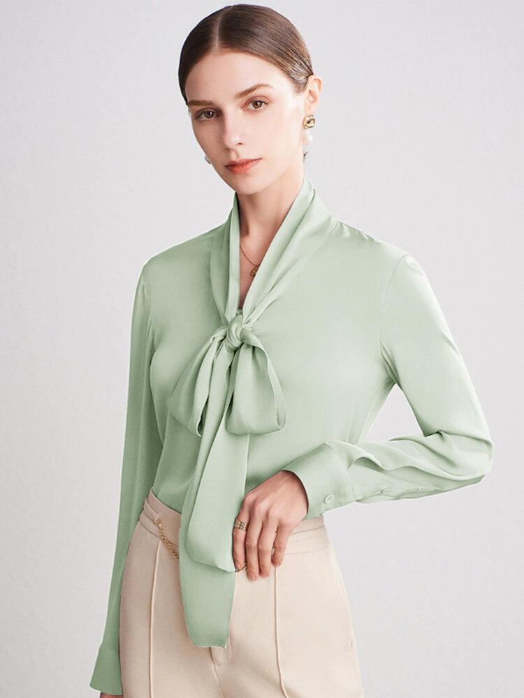 22 Momme Feminine Tie Neck Women Long Sleeve Silk Blouse