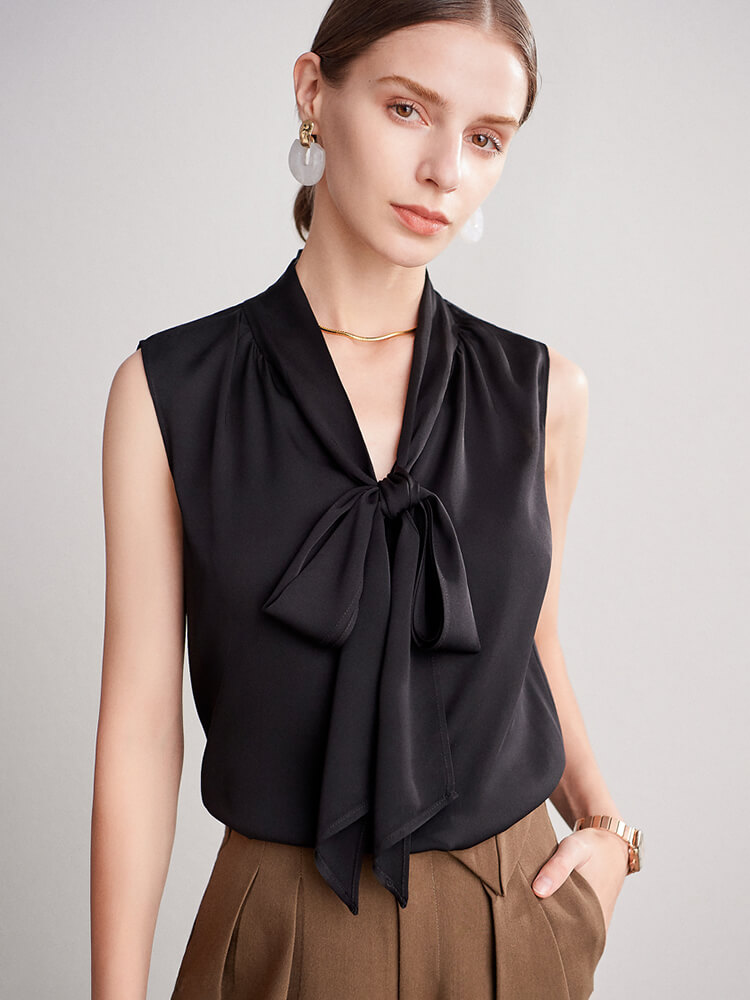 Feminine Sleeveless Silk Bow-Tie Shirt