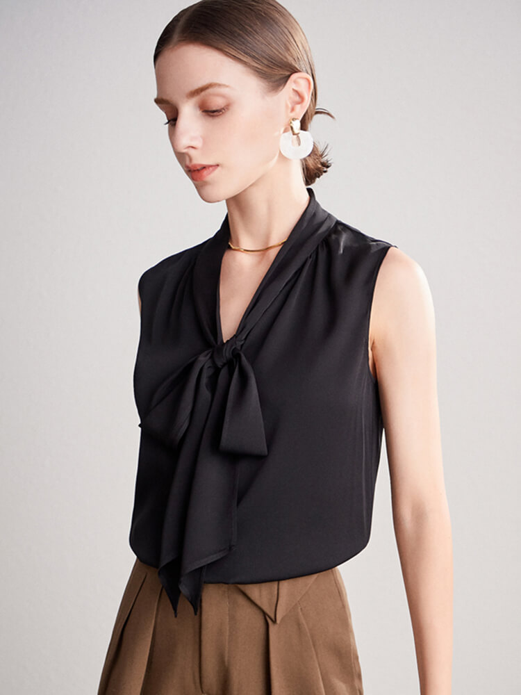 Feminine Sleeveless Silk Bow-Tie Shirt
