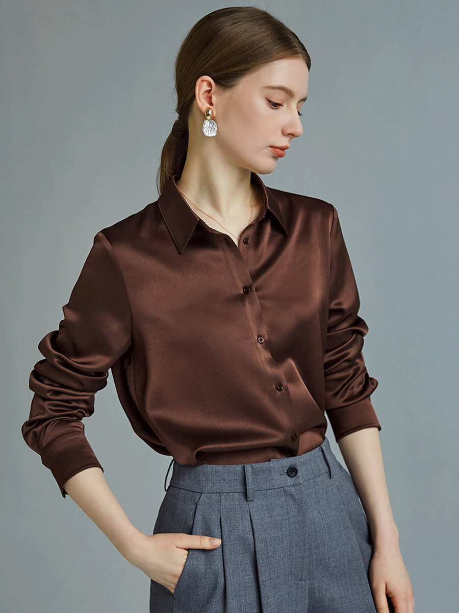 Chocolate Brown Classic Women Long Sleeve Button Up Silk Blouse