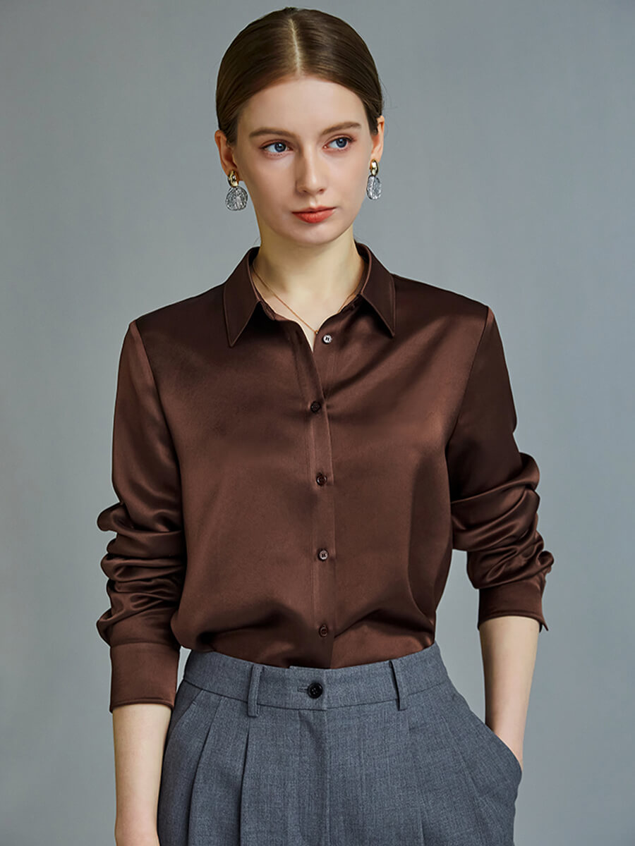 Chocolate Brown Classic Women Long Sleeve Button Up Silk Blouse