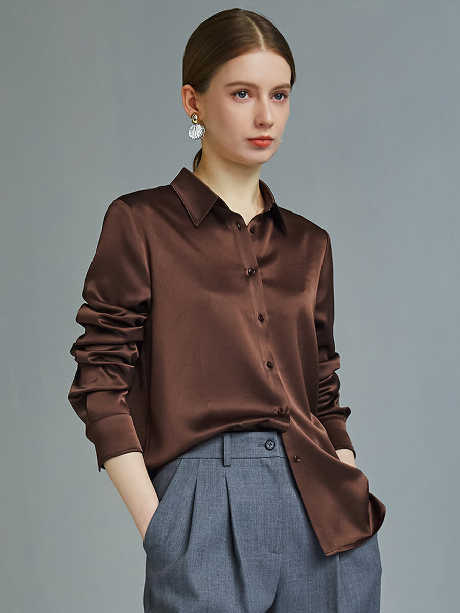 Chocolate Brown Classic Women Long Sleeve Button Up Silk Blouse