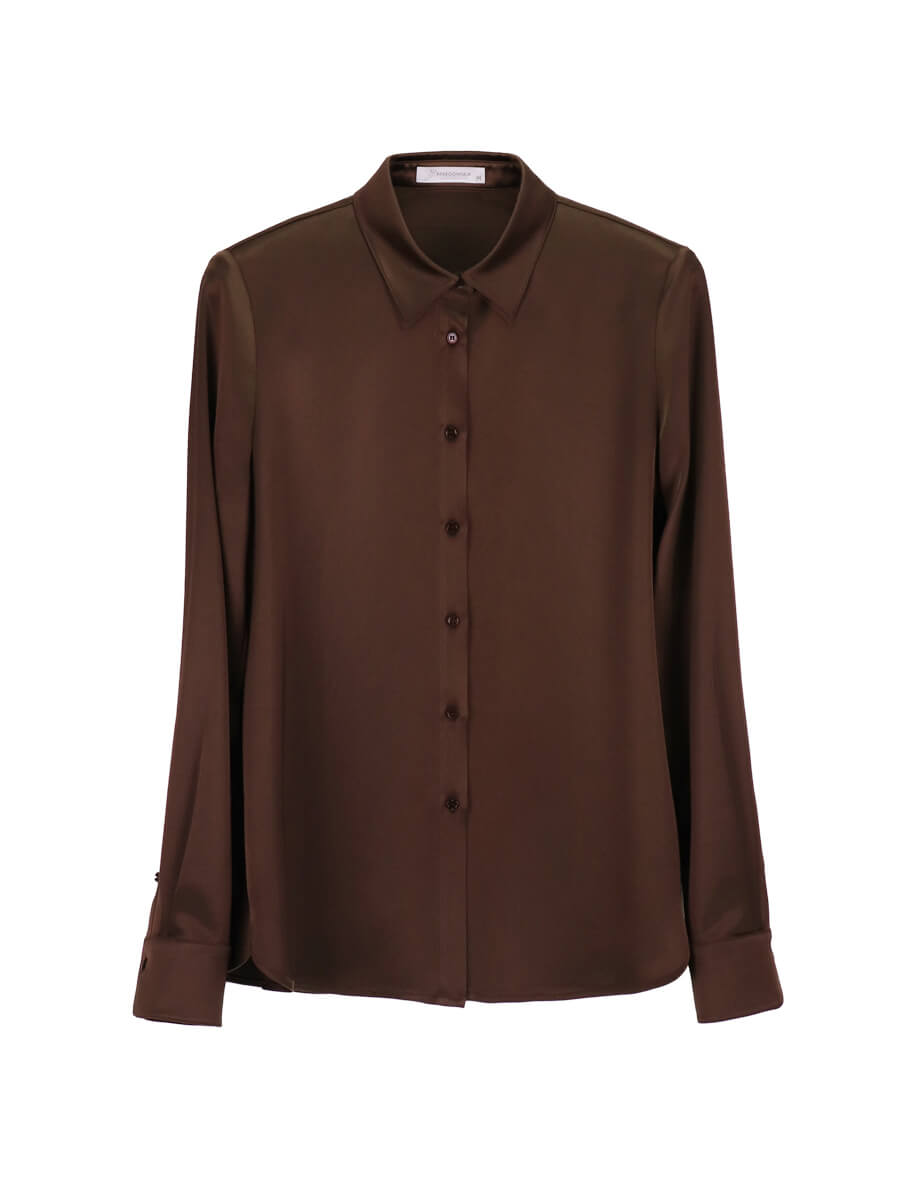 Chocolate Brown Classic Women Long Sleeve Button Up Silk Blouse