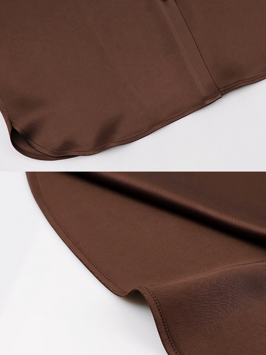 Chocolate Brown Classic Women Long Sleeve Button Up Silk Blouse