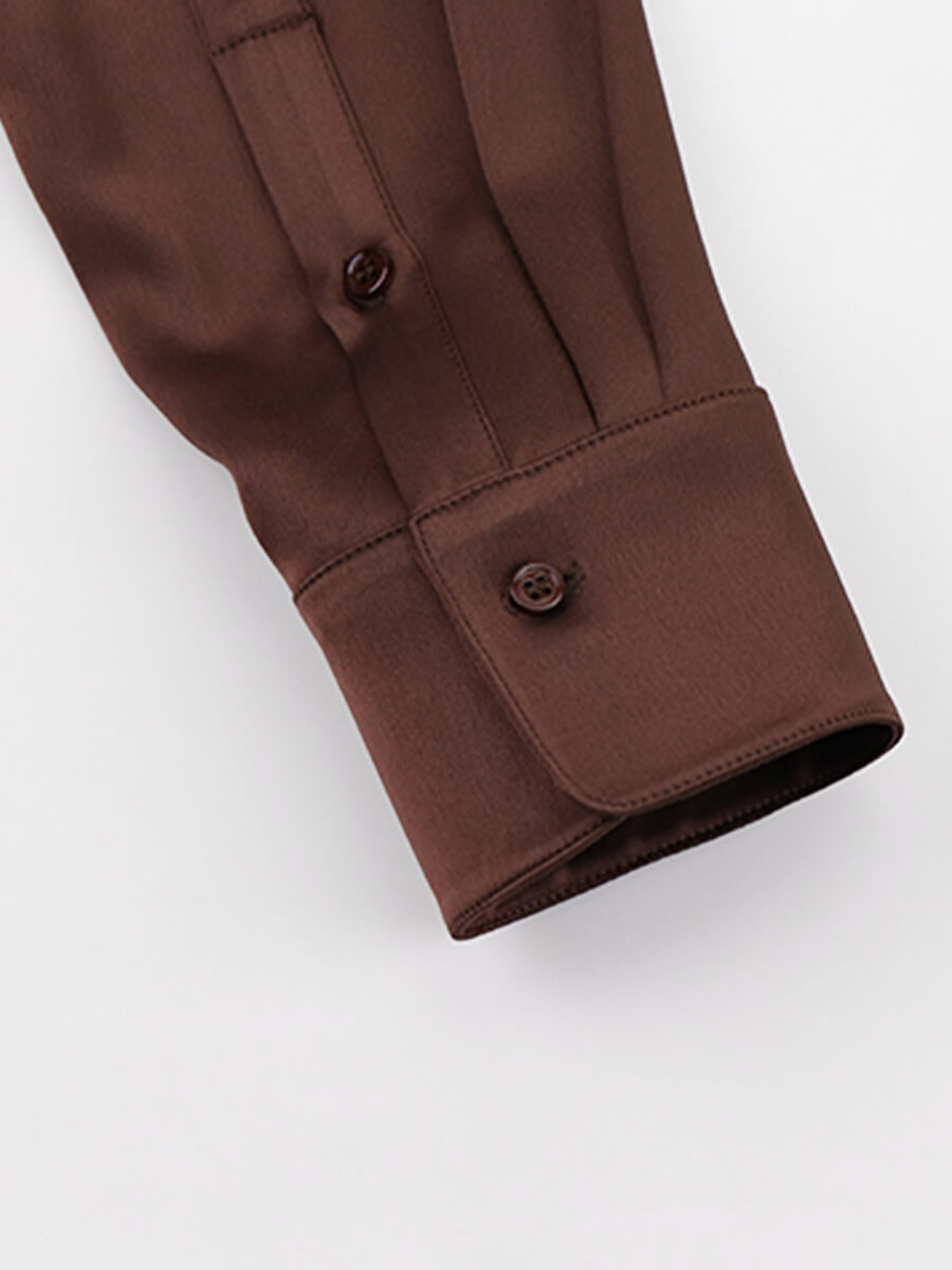 Chocolate Brown Classic Women Long Sleeve Button Up Silk Blouse