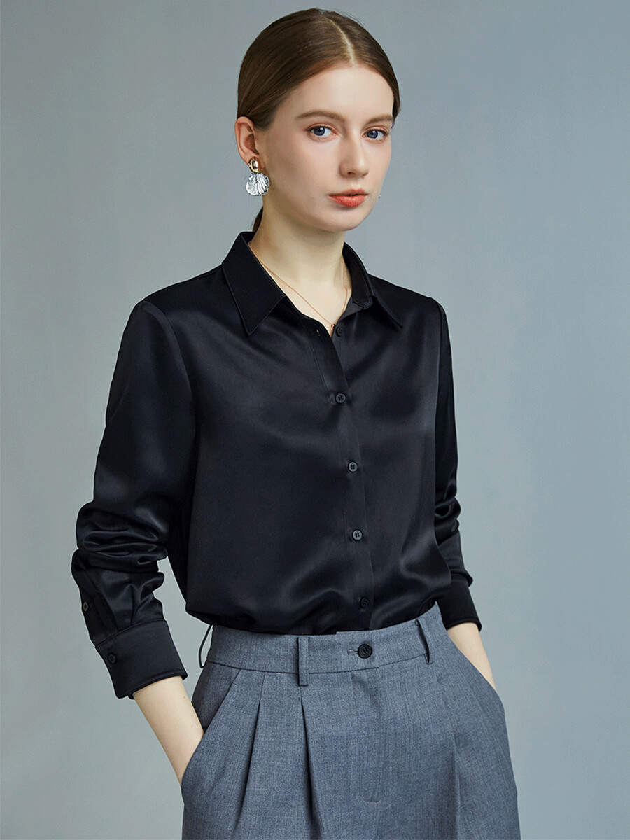 Chocolate Brown Classic Women Long Sleeve Button Up Silk Blouse