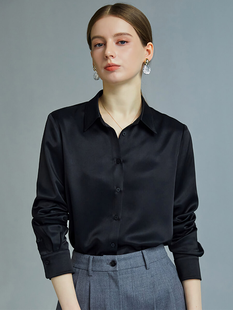 Chocolate Brown Classic Women Long Sleeve Button Up Silk Blouse