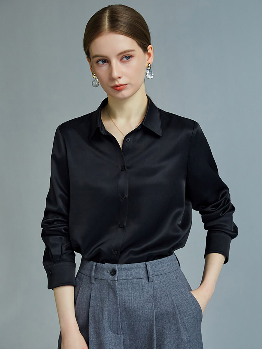 Chocolate Brown Classic Women Long Sleeve Button Up Silk Blouse