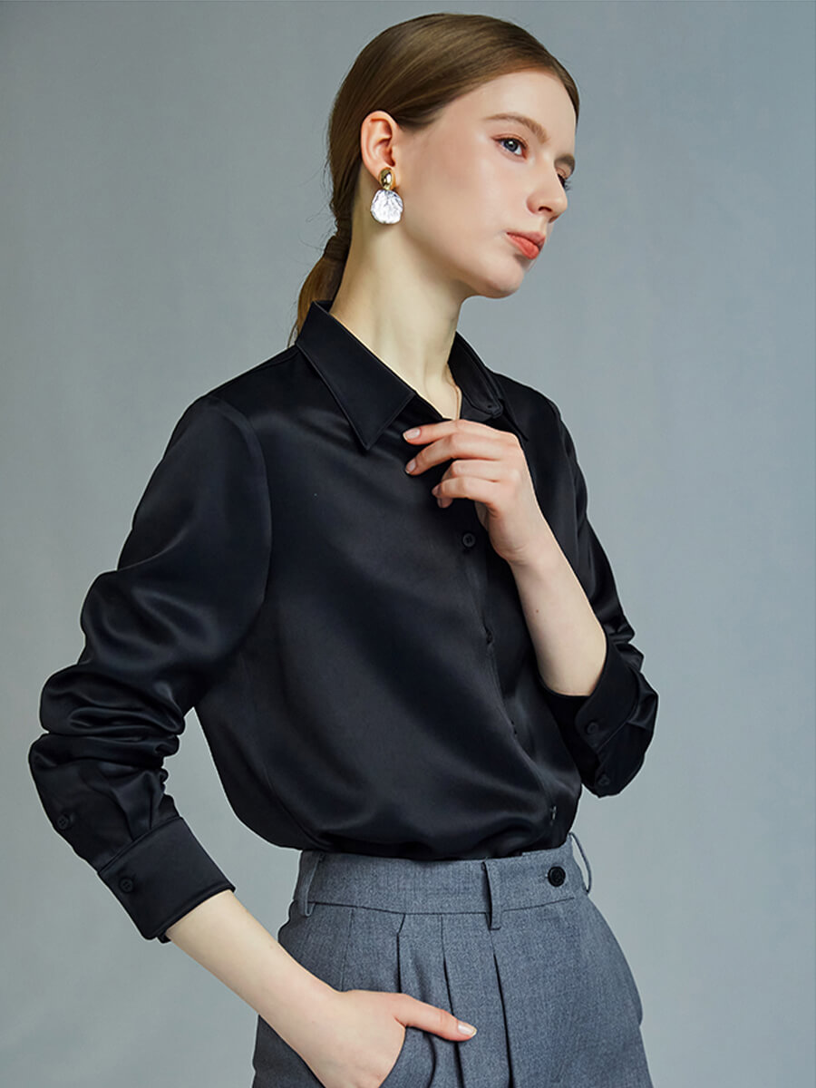 Chocolate Brown Classic Women Long Sleeve Button Up Silk Blouse