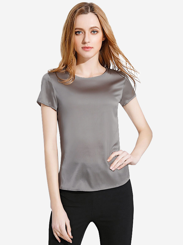22 Momme Classic Round Neck Short Sleeve Silk Shirt For Women