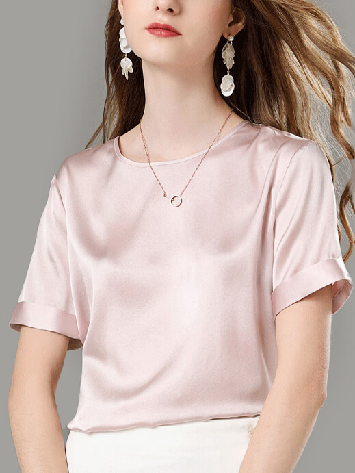 Roll Sleeve Round Neck Basic Silk Shirt for Women
