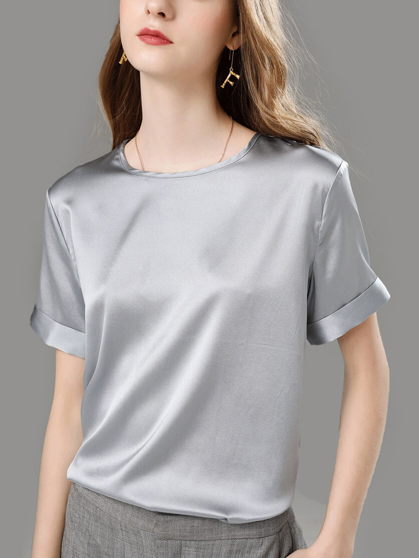 Roll Sleeve Round Neck Basic Silk Shirt for Women