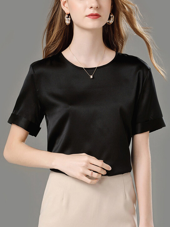 Roll Sleeve Round Neck Basic Silk Shirt for Women
